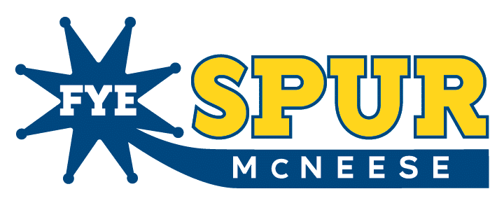 FYE SPUR McNeese logo featuring starburst design in blue and yellow.