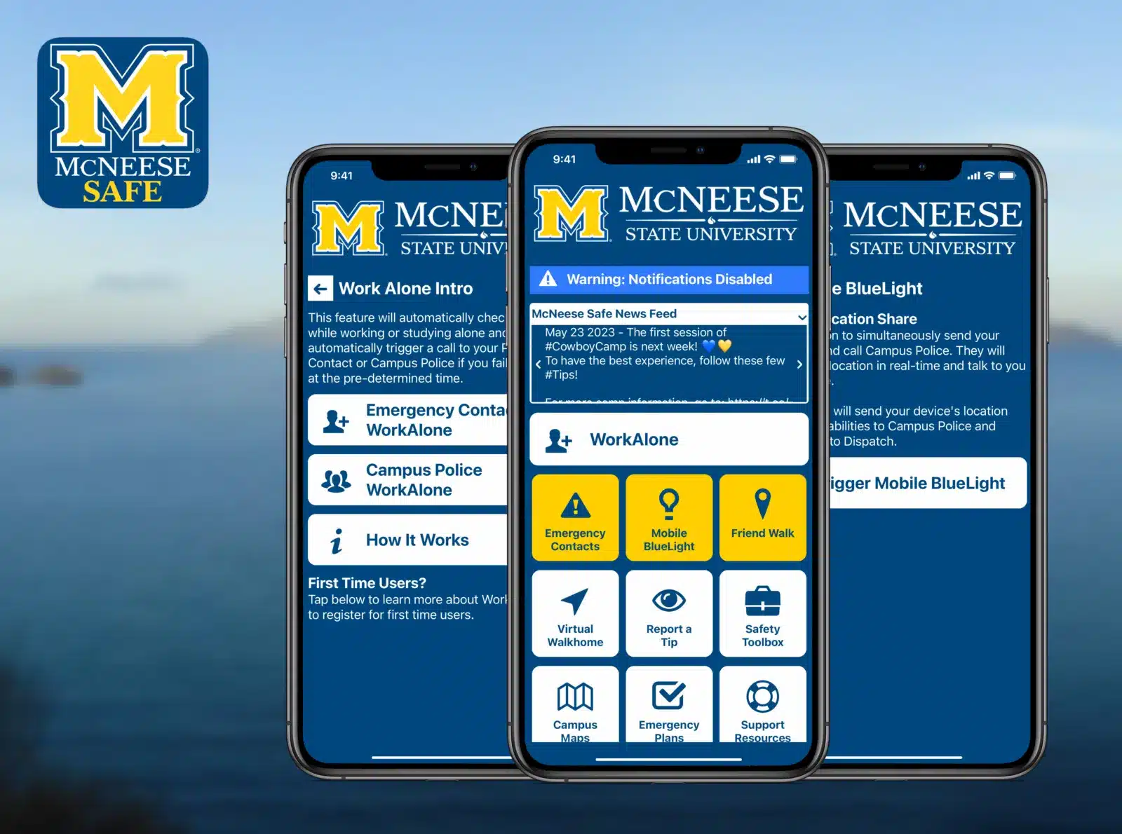Three smartphones displaying the McNeese Safe app with safety features for McNeese State University students.