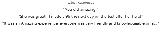 Customer testimonials highlighting excellent tutoring and supportive learning experience.