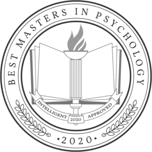 Seal for Best Masters in Psychology 2020 with torch and book emblem.
