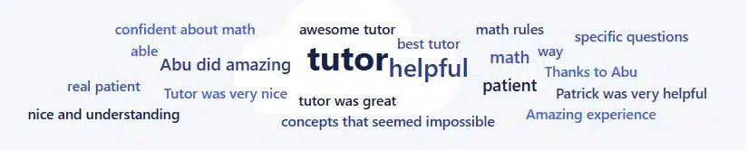 Word cloud highlighting positive reviews of a tutor with words like helpful, patient, and amazing experience.