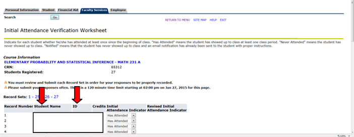 Online attendance verification form for Math 231 with student names, IDs, and attendance status options.