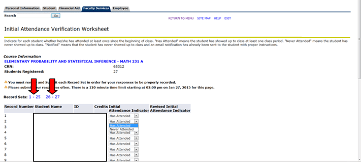 Online worksheet for verifying student attendance in a statistics class with dropdown options for attended status.
