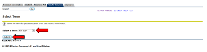 Online form for selecting academic term with dropdown and submit button, highlighted arrows pointing to options.