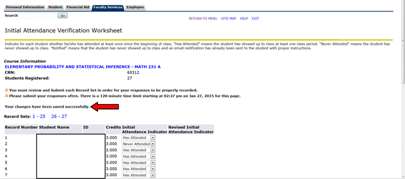 Initial Attendance Verification Worksheet for Math 231 A with attendance status options for each student.