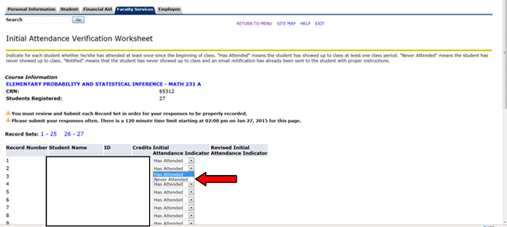 Initial attendance verification worksheet for Math 231 with student attendance status options.