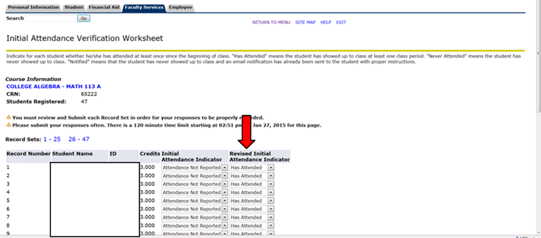 Initial Attendance Verification Worksheet for College Algebra, includes student records and attendance status options.