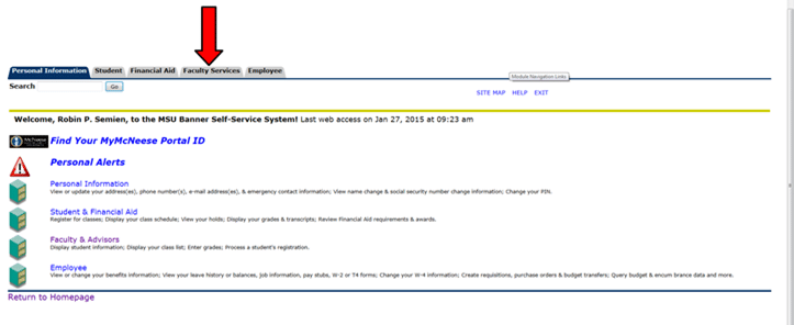 MSU Banner Self-Service portal homepage with navigation tabs and personal alerts.