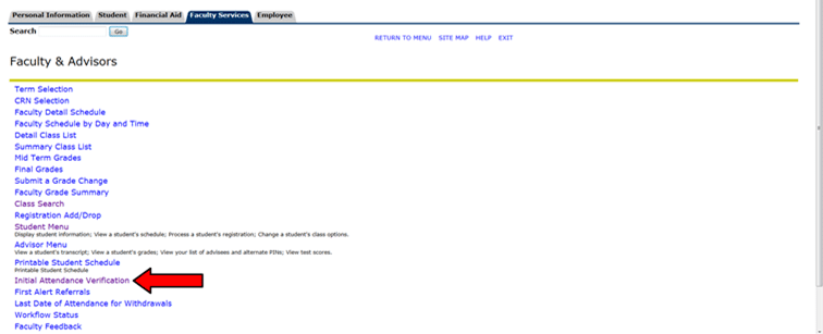 College faculty services page with navigation links, red arrow highlighting Initial Attendance Verification link.