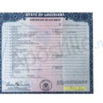 State of Louisiana birth certificate with blue border and official seals.