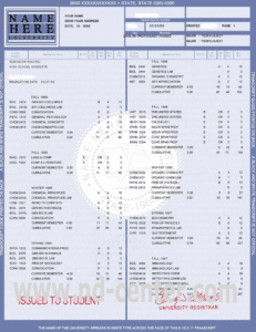 University transcript with course grades and credit hours, showing academic performance over multiple semesters.
