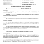 Agreed Final Decree of Divorce from Galveston County District Court, detailing court appearances and agreements.