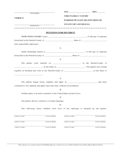 Blank divorce petition form for East Baton Rouge Family Court, Louisiana, with sections for party information and marriage details.