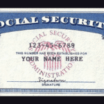 Sample Social Security card with placeholder name and number, decorative columns on sides.