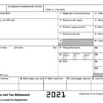 Blank 2021 W-2 form for reporting employee wages, taxes, and personal details for tax filing.