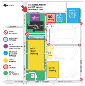 Campus map highlighting Townsley Law Arena with designated parking areas for VIP, faculty, graduates, and guests.