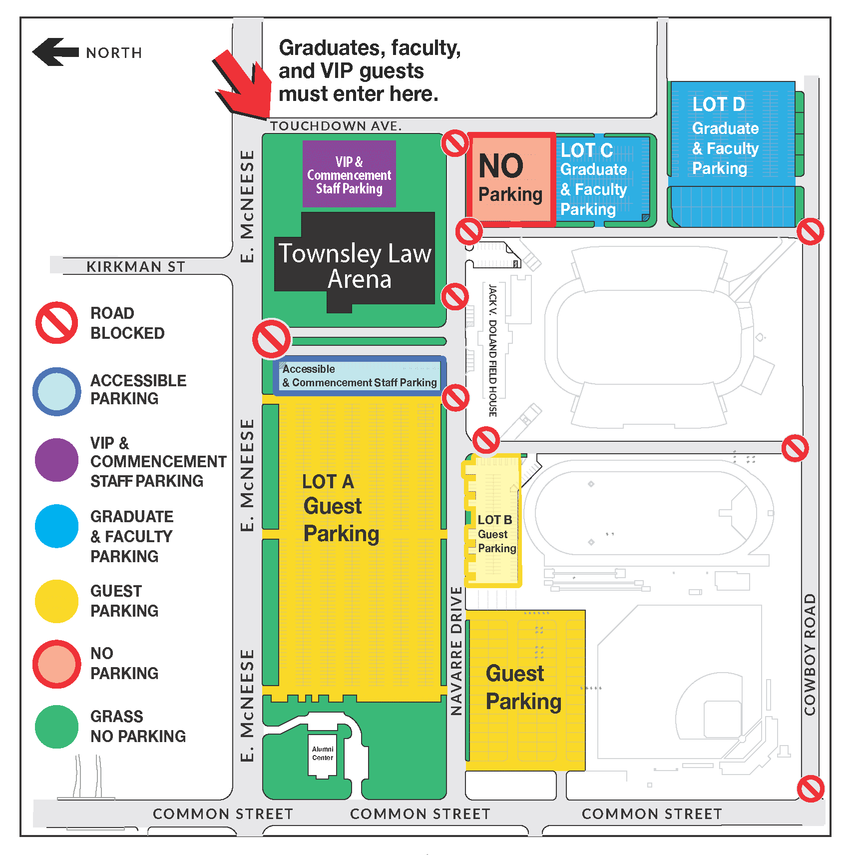 Campus map highlighting Townsley Law Arena with designated parking areas for VIP, faculty, graduates, and guests.