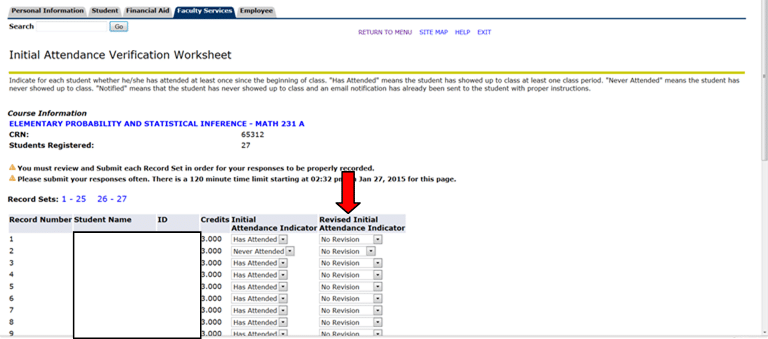 Online attendance verification worksheet for math course with student records and attendance status options.