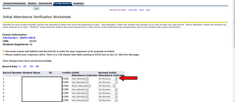 Initial Attendance Verification Worksheet with student list and attendance status.