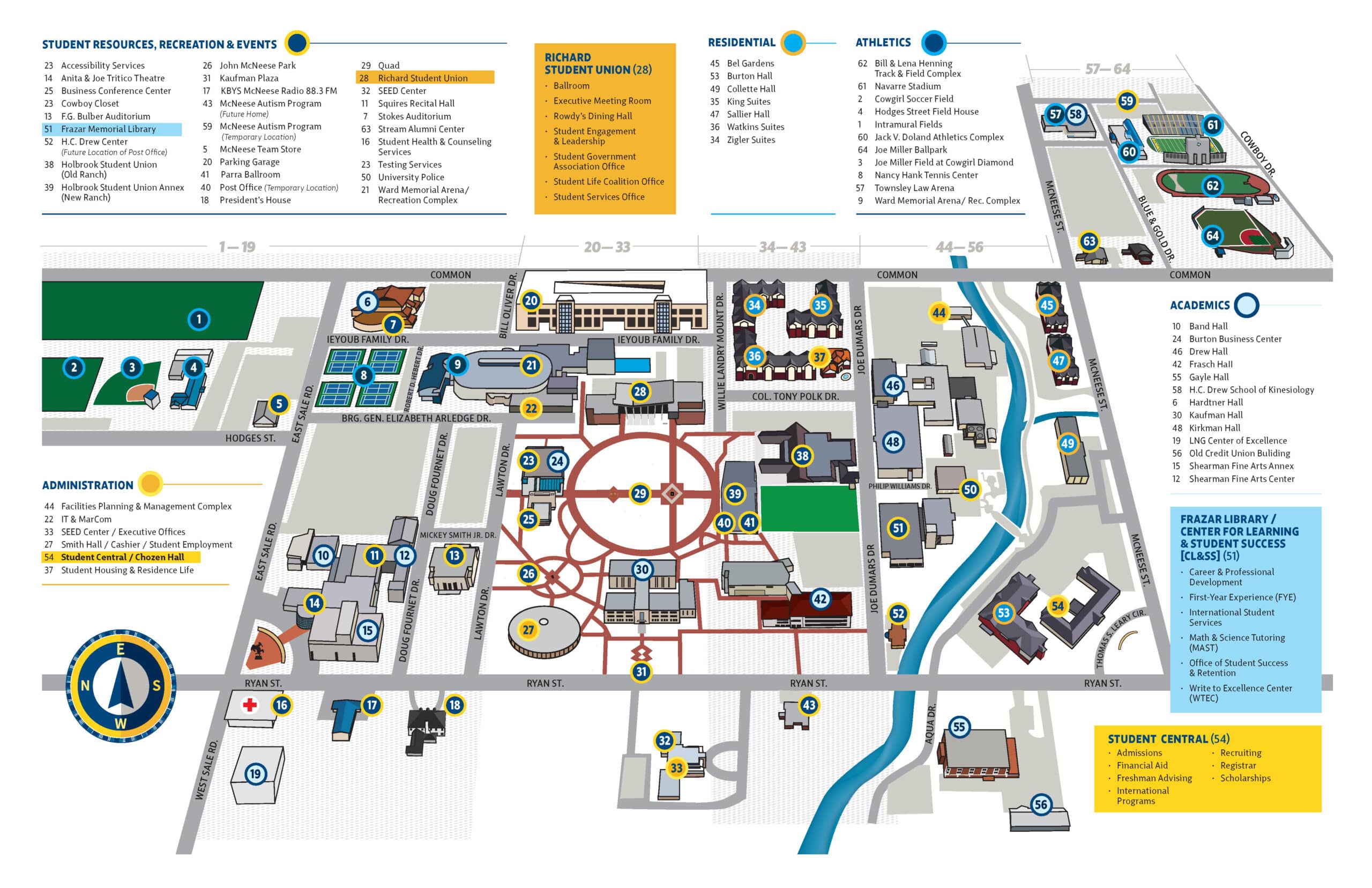 Campus map highlighting student resources, residential areas, and athletic facilities with numbered locations for navigation.