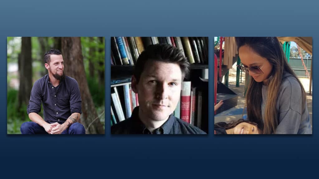 McNeese State University Master of Fine Arts in creative writing alumni, J. Bruce Fuller, Michael Shewmaker and Jenn Alandy Trahan.