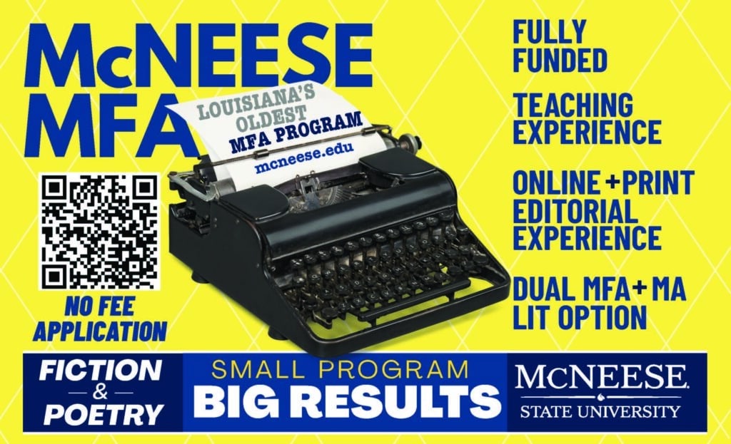 McNeese MFA postcard with yellow background and depicting an old typewriter. The message states that the program is fully funded, offers teaching experience, online and print editorial experience and a dual MFA - MA lit option.