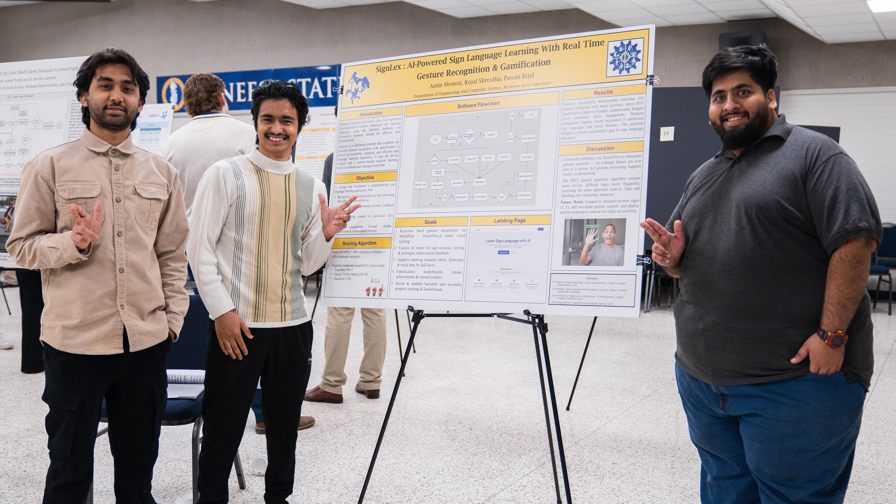 Three McNeese Computer Science students stand with their research poster that explains their program to teach sign language.
