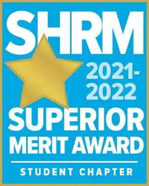 SHRM Superior Merit Award 2021-2022 for Student Chapter features a gold star on a blue background.