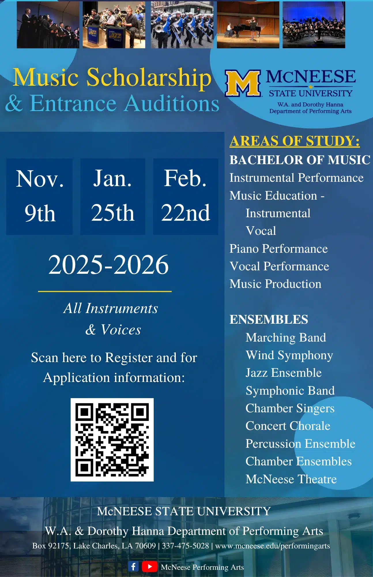 McNeese State University music scholarship auditions for 2025-2026 on Nov. 9, Jan. 25, Feb. 22. Programs in music, ensembles.