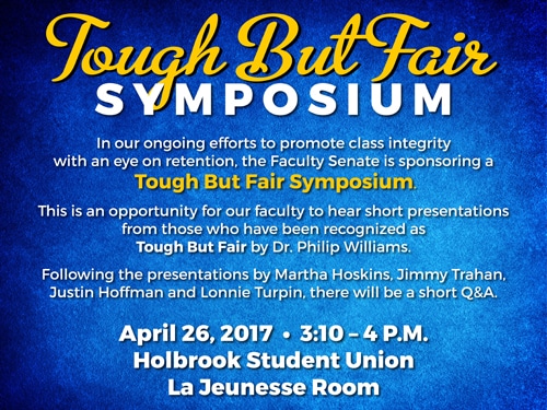 Tough But Fair Symposium announcement, April 26, 2017, 3:10-4 P.M., Holbrook Student Union, La Jeunesse Room.