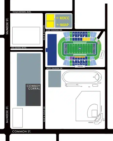 Map showing stadium layout at McNeese State University with main roads labeled for navigation.