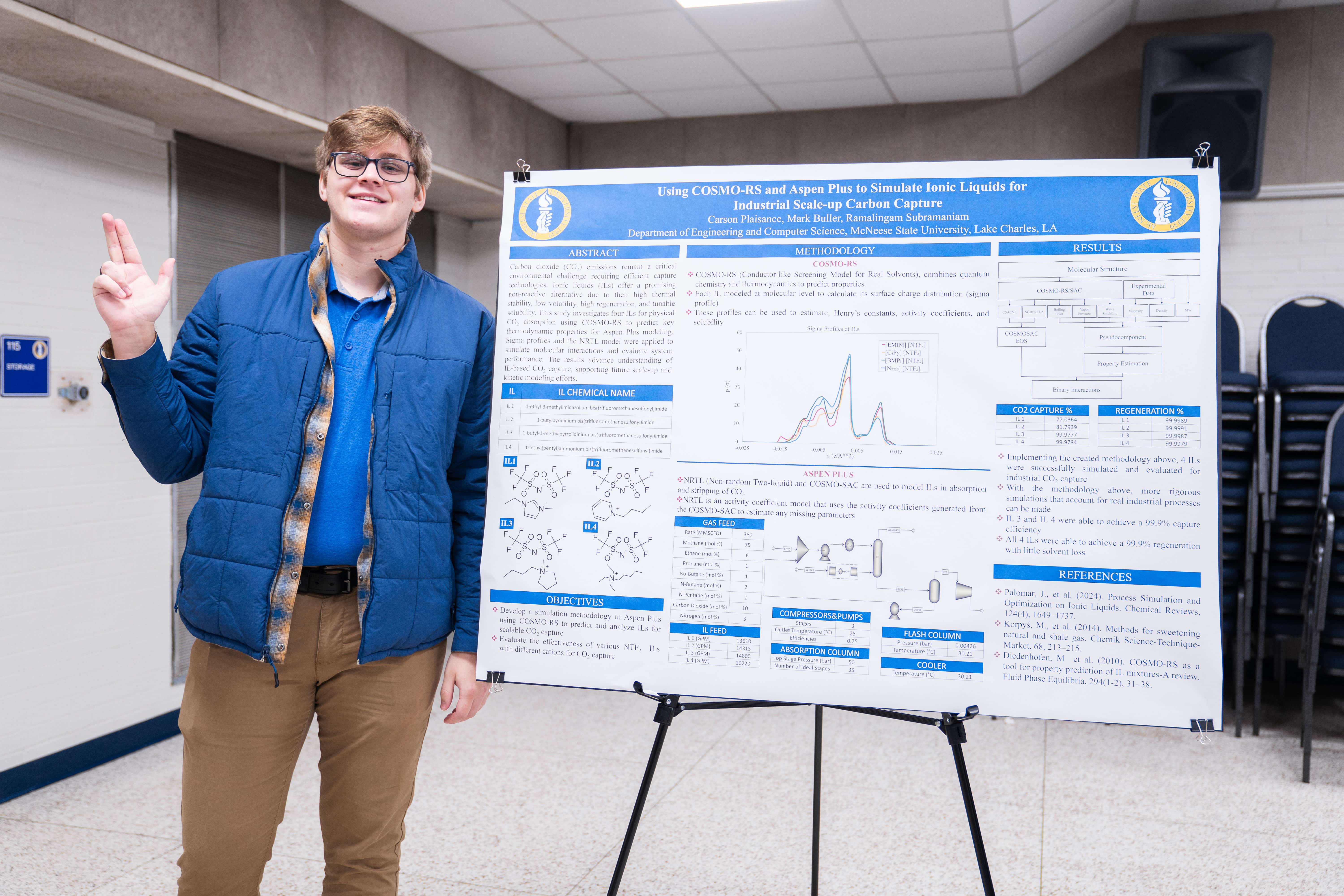A McNeese student stands next to his research poster at the Undergraduate Research Symposium.