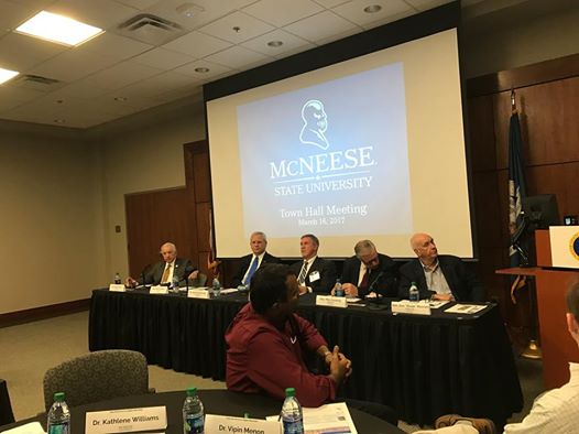 Panel discussion at McNeese State University Town Hall Meeting with attendees, March 14, 2017.