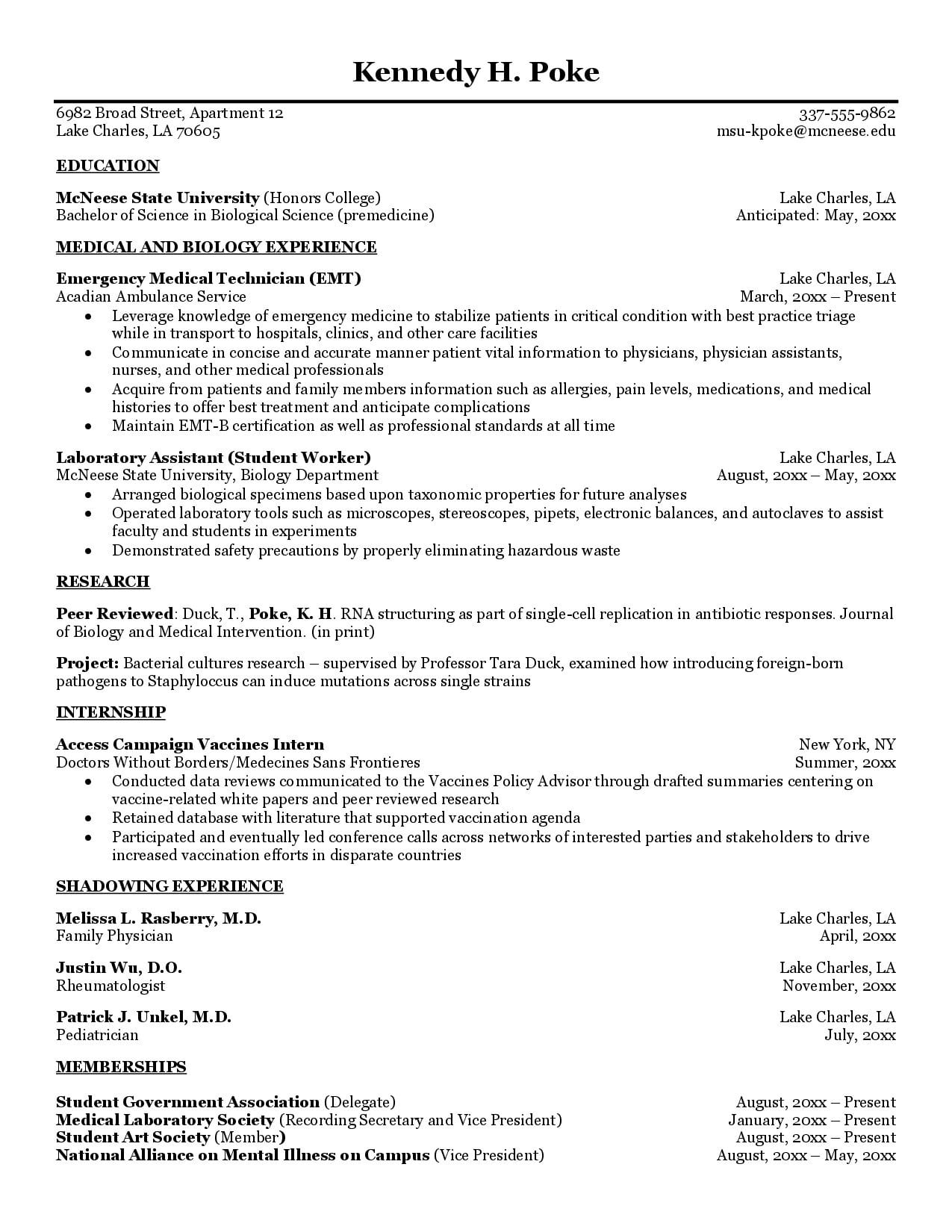 Pre Med Resume