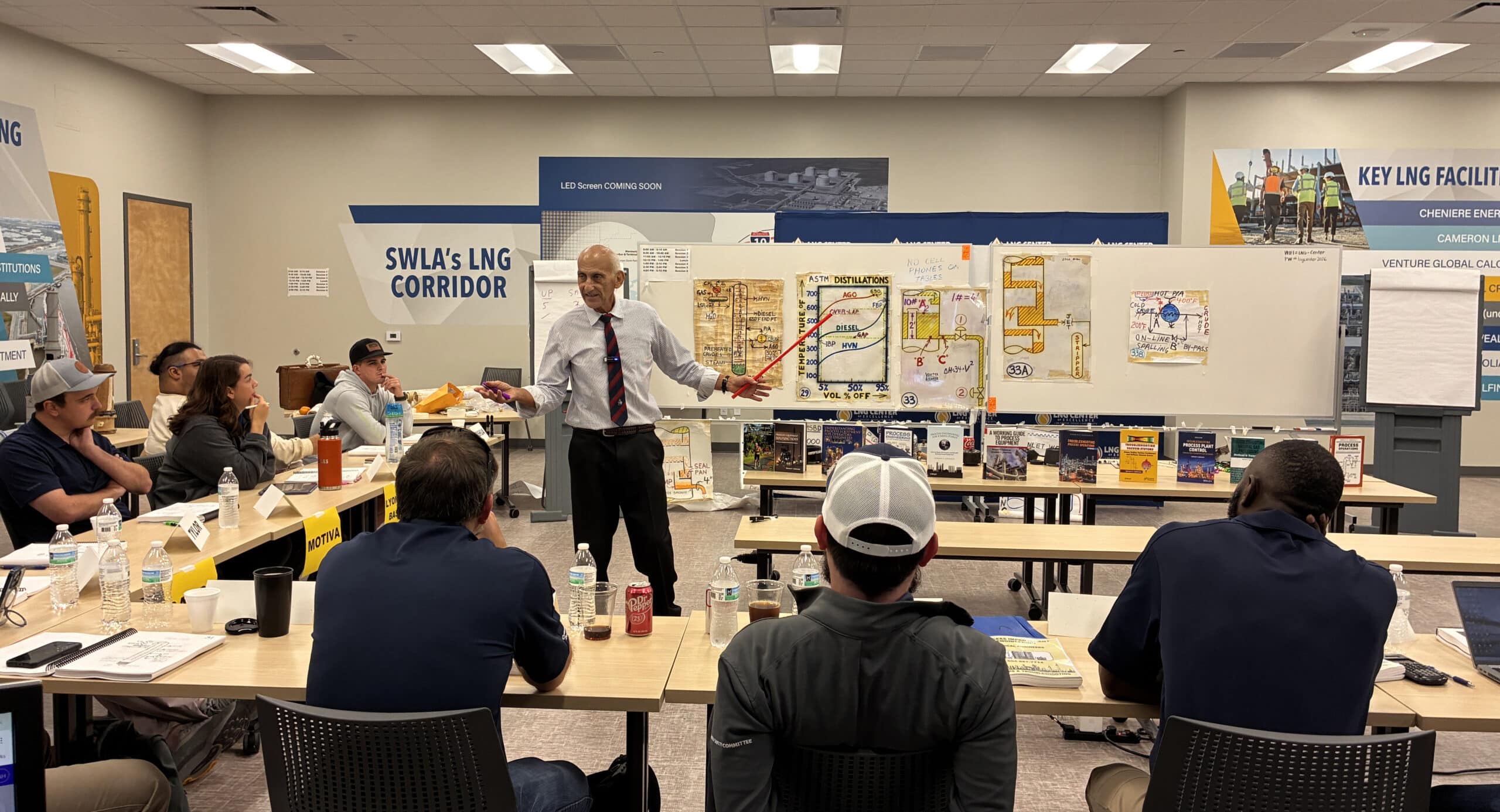 Norman Lieberman presents a troubleshooting process operations seminar at the McNeese State University LNG Center of Excellence while standing in front of illustrated process diagrams. Participants seated around classroom tables listen attentively and take notes during the three-day industry training.