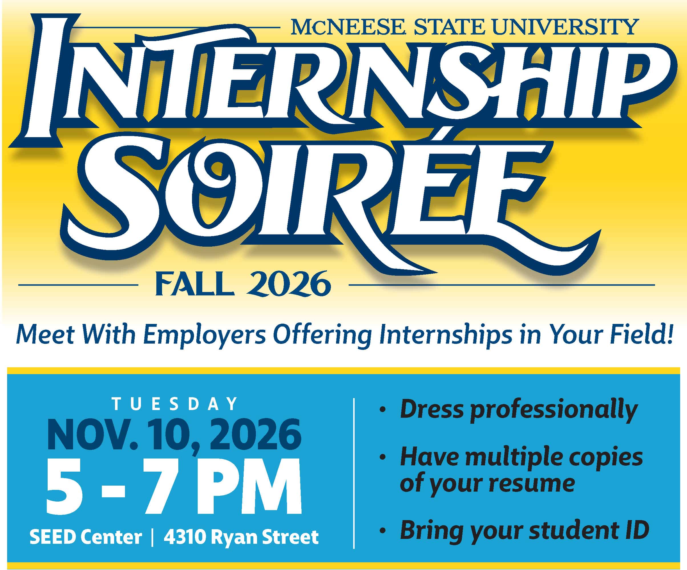 Internship Soiree Fall 2026 graphic with the date November 10 from 5 to 7 PM