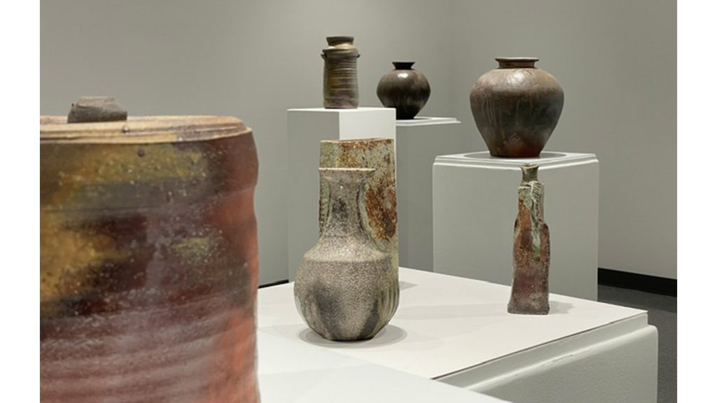 Several pieces of pottery, created in the Echizen style, displayed on pedestals.